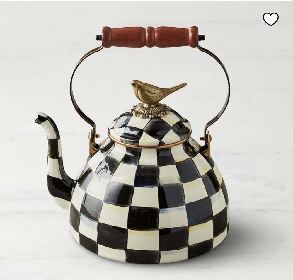 MacKenzie-Childs Courtly Check Enamel 3-Quart Tea Kettle w/ Bird Knob NEW